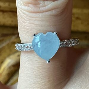 Genuine Aquamarine Sterling Silver Heart Ring Size 6